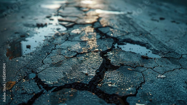 Obraz Close-up of a pothole-filled asphalt road with puddles of water, highlighting road damage and poor maintenance.

