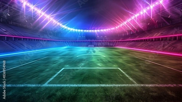 Fototapeta Soccer Field in Stadium Illuminated by Neon Lights
