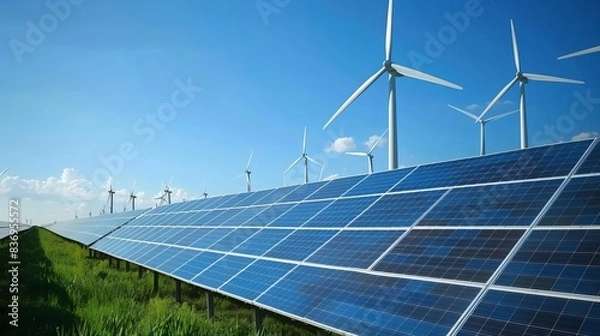 Obraz Renewable Energy Farm: On a vast renewable energy farm, rows of solar panels and wind turbines generate clean energy, providing a sustainable alternative to fossil fuels