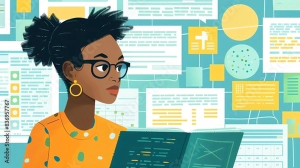 Obraz Qualitative Data Analysis A researcher examining qualitative data through thematic analysis, with illustration floating text bubbles