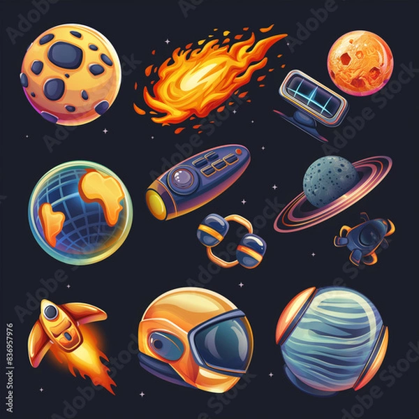 Fototapeta Asset of futuristic planets, mobile game, slot game isolation on dark background, Illustration
