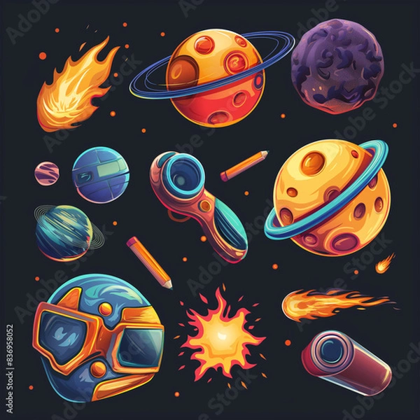 Fototapeta Asset of futuristic planets, mobile game, slot game isolation on dark background, Illustration