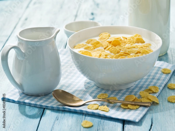 Obraz Cornflakes cereal and milk.