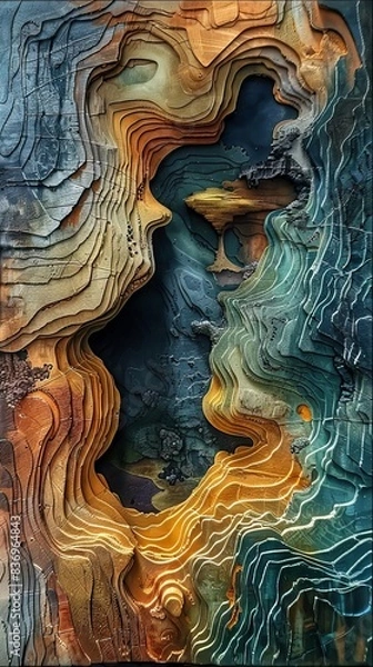 Fototapeta Abstract multicolored geological formation with vibrant orange, blue, and green layers, creating a captivating artistic landscape.