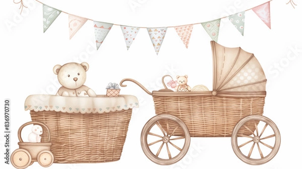 Fototapeta Vintage-style illustration of teddy bears with baby carriage and bunting
