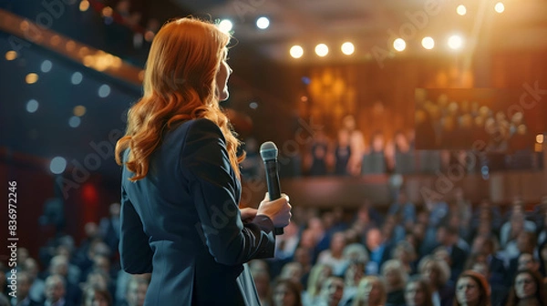 Fototapeta A female speaker with red hair addresses a large audience at a business conference. The room is filled with attendees, and the lighting emphasizes the speaker, creating a dynamic and engaging scene.