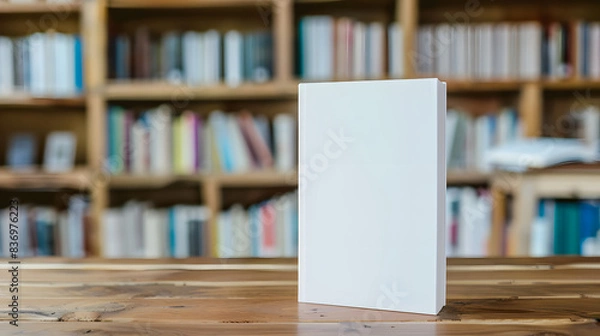 Fototapeta A blank book standing upright on a wooden table with a blurred bookshelf background, ideal for cover design presentations and marketing.  mockup