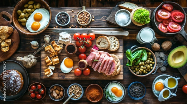 Fototapeta Delicious breakfast spread with eggs, ham, bread, and fresh vegetables. Generative AI	
