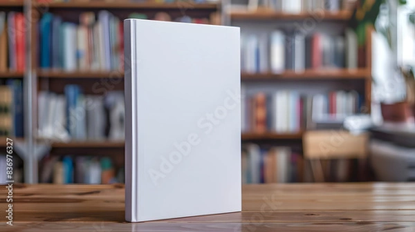 Fototapeta A blank book standing on a wooden table with bookshelves in the background, ideal for showcasing cover design ideas and marketing purposes.  mockup