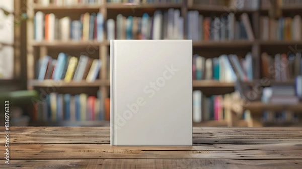 Fototapeta A blank book standing on a wooden table in front of a blurred bookshelf, perfect for cover design presentations and marketing materials.  mockup