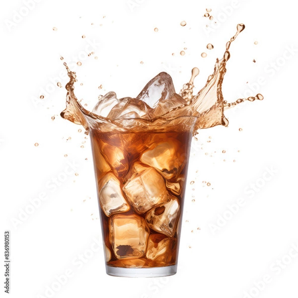 Fototapeta Iced coffee splash isolated on transparent background Remove, Clipping Path