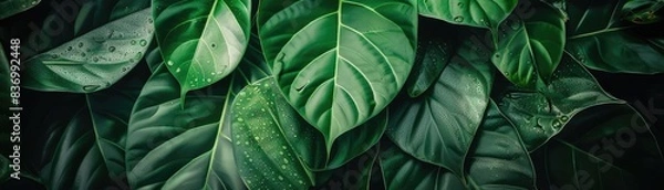 Fototapeta Close-up of vibrant green tropical leaves with deep textures and patterns, showcasing the beauty of nature and plant life.