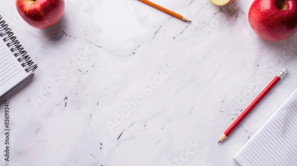 Obraz Pencils, notebook and apples on white table, top view, back to school banner