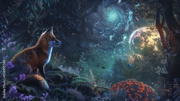 Fototapeta Majestic Fox Under Starry Night Sky in Enchanted Forest with Moon and Galaxy