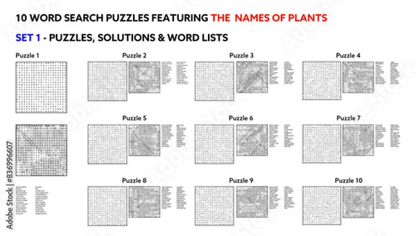 Fototapeta Educational Word Search Puzzles Featuring Names of Plants for Classroom and Home Use - Set 1 of 5