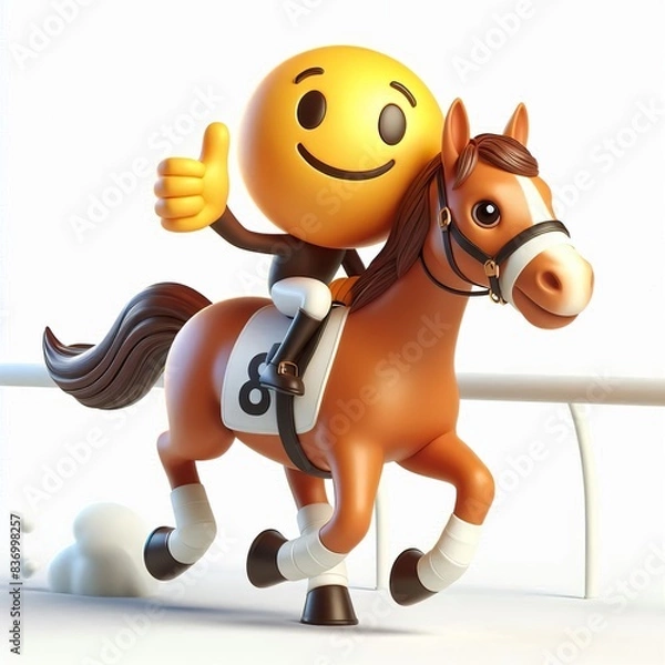 Fototapeta 3D smile emoji on Horse race giving thumbs up on a white background
