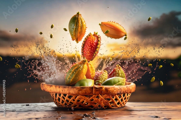 Fototapeta tropical fruts in a basket, fruits on a wooden table, countryside in background