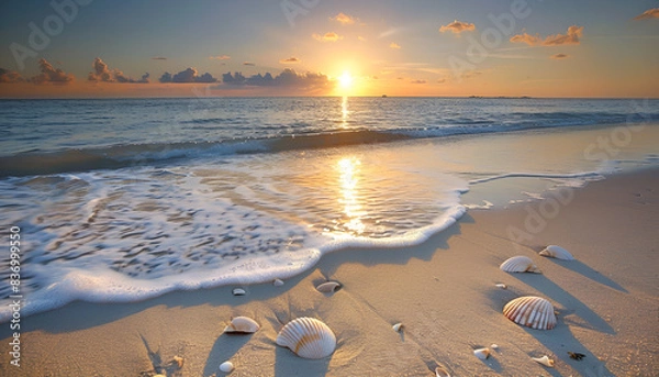 Fototapeta serene beach scene with sun setting over ocean, seashells scattered along shore and waves lapping at sand