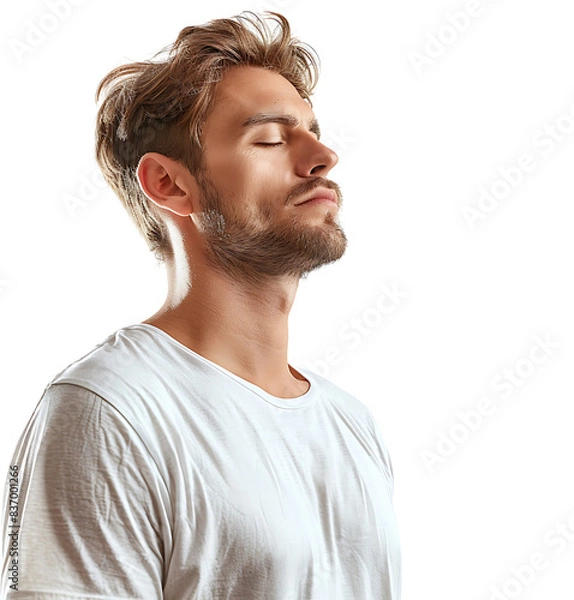 Obraz Yoga and meditation concept. Concentrated relaxed man standing meditation on isolated transparent background