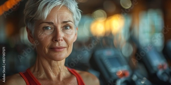 Fototapeta A mature woman enjoys a healthy lifestyle at the gym, utilizing equipment for physical exercise