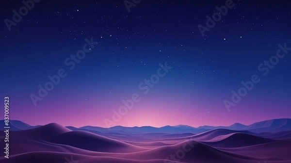 Fototapeta Dawn Landscape, with Desert Sand Dunes. Empty Modern Wallpaper with Cool Gradient Starry Sky