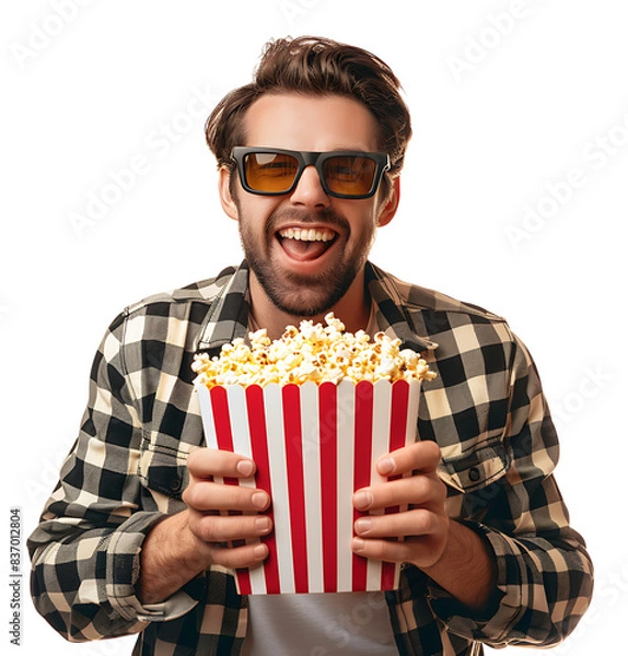 Fototapeta Exciting man holding bucket of popcorn on isolated transparent background