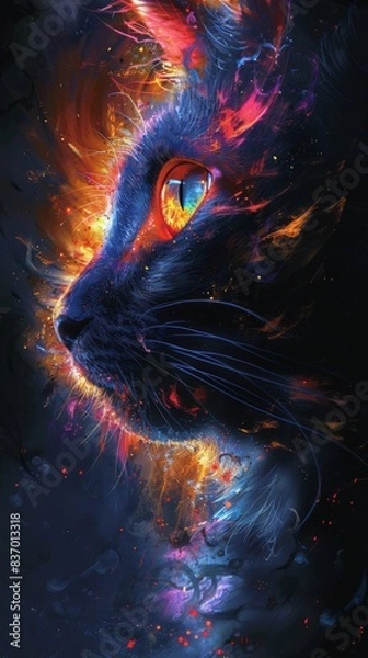 Obraz Vibrant digital portrait of a Kapre with fiery strokes, vivid colors, and a mystical aura in a dark void setting.