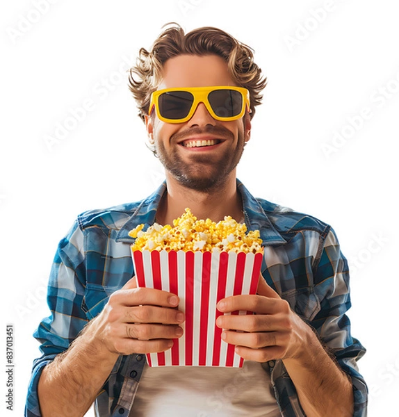 Fototapeta Exciting man holding bucket of popcorn on isolated transparent background