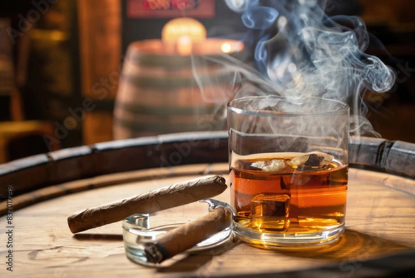 Fototapeta whiskey and cigars in a cellar