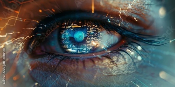 Fototapeta Close-up of an eye with a digital HUD interface reflecting data streams generated by AI