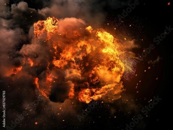 Fototapeta Realistic fiery explosion over a dark background, Large fireball with black smoke