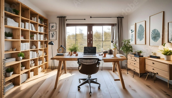 Fototapeta A functional and stylish home office with a large desk, ergonomic chair, and built-in bookshelves.