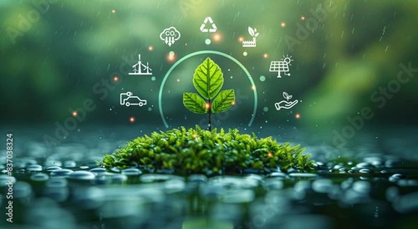 Fototapeta virtual globe with circular economy icons on natural and city background , Circular economy is sustainable business development in the future by use AI generative technique.