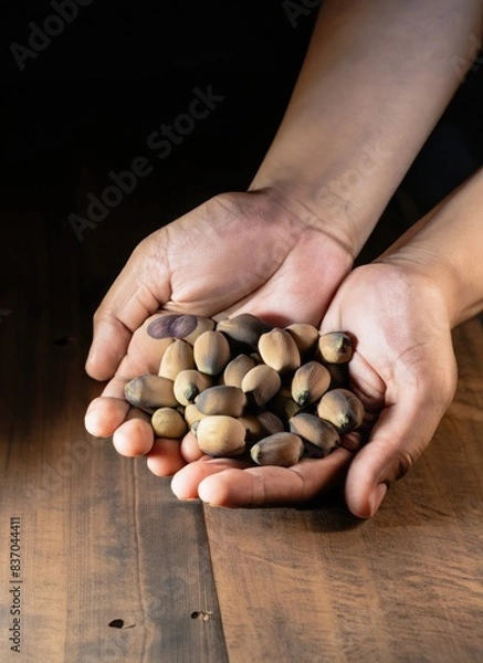 Fototapeta hands with handful of lotus seeds on a wooden table