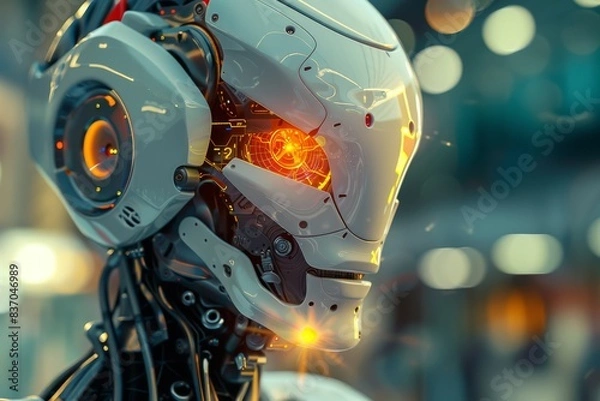 Fototapeta Close-Up of Cybernetic Robot Head, Futuristic Technology