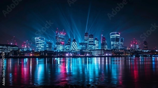 Fototapeta Blue Night Cityscape. A dramatic night-time view of a cityscape bathed in blue tones, highlighting the architectural details and urban glow.