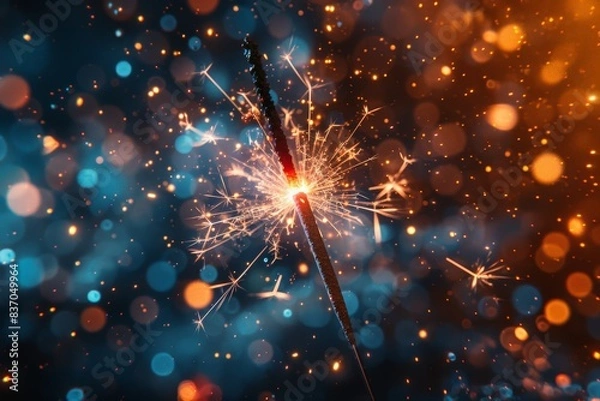 Obraz Close-up of a Sparkler Firework Sparking Bright Lights and Colorful Bokeh in the Background During a Night Celebration EventSparkler