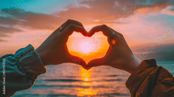 Fototapeta A captivating image of hands forming a heart shape framing a stunning sunset over the ocean.