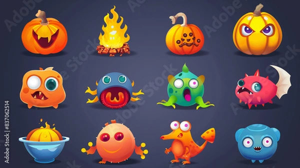 Fototapeta Asset of Mobile game, Halloween, slot game isolation on dark background, Illustration
