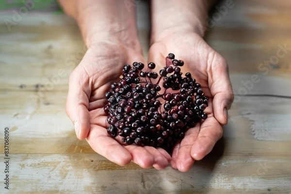 Fototapeta hands with handful of elderberries, 