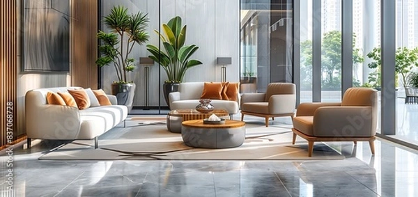 Fototapeta The seamless blend of luxury and functionality as you behold a real photo depicting a stylish lobby interior. featuring plush seating arrangements and an elegant coffee table bathed in the soft glow.