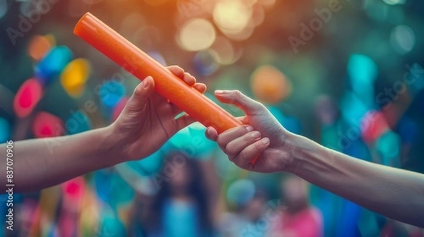 Fototapeta Hands passing orange baton during outdoor team relay race with colorful background
