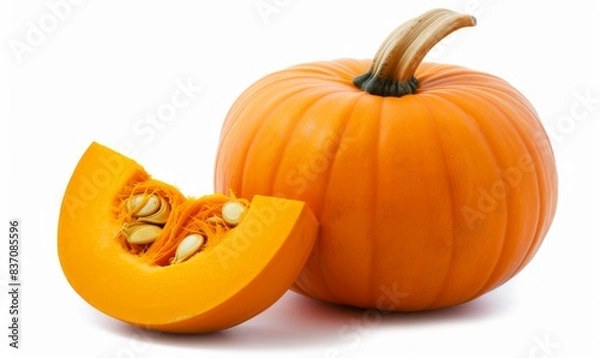 Fototapeta Whole orange pumpkin and slice of pumpkin isolated on white background. Clipping Path. Full Depth of field. Focus stacking