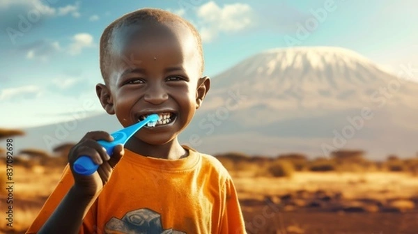 Obraz visualization portrait of an African child brushing his teeth against the backdrop of Kilimanjaro --ar 16:9 --quality 0.5 