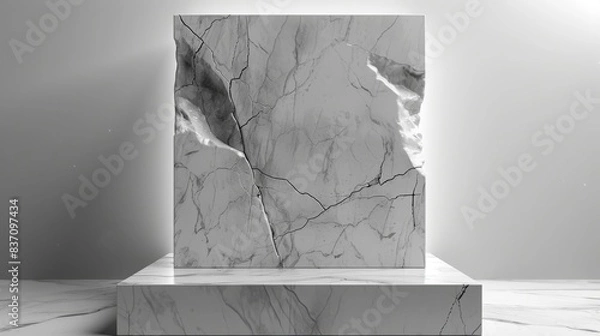 Obraz A close-up of a marble sculpture with intricate veins and a chipped surface. The sculpture rests on a pedestal against a plain backdrop.