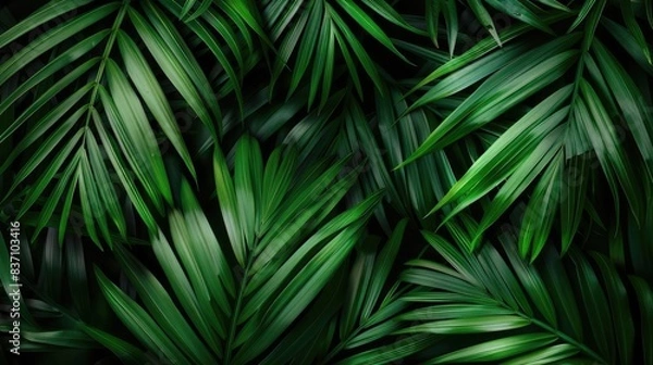 Obraz Lush green tropical palm leaves create a vibrant natural background, capturing the essence of the jungle with distinctive textures and rich foliage.