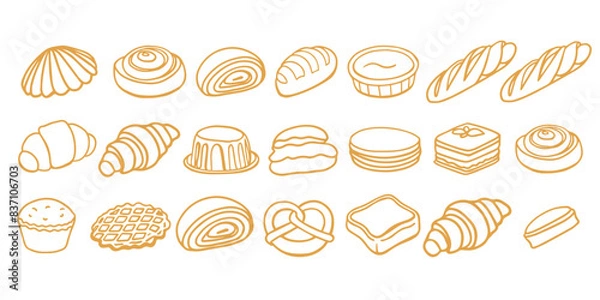 Fototapeta Isolated vector set of Bakery. Hand drawn and chalked cookies, barolls, pies, cakes, pastries, croissants.. Vintage template with pastries sketch. Fresh bakery. Shop. Template.	