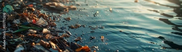 Fototapeta A polluted river with floating debris, ecological harm theme, side view, contaminated water, digital tone, complementary color scheme