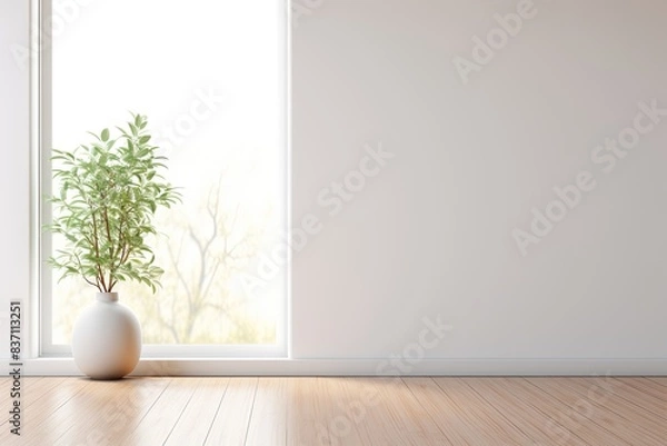 Fototapeta 3D Rendering of Minimalist Modern Interior with White Wall, Plant, and Wooden Floor