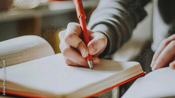 Fototapeta Close-up of a person's hand writing with a pen on a sheet of paper, capturing the focus and precision of the moment.